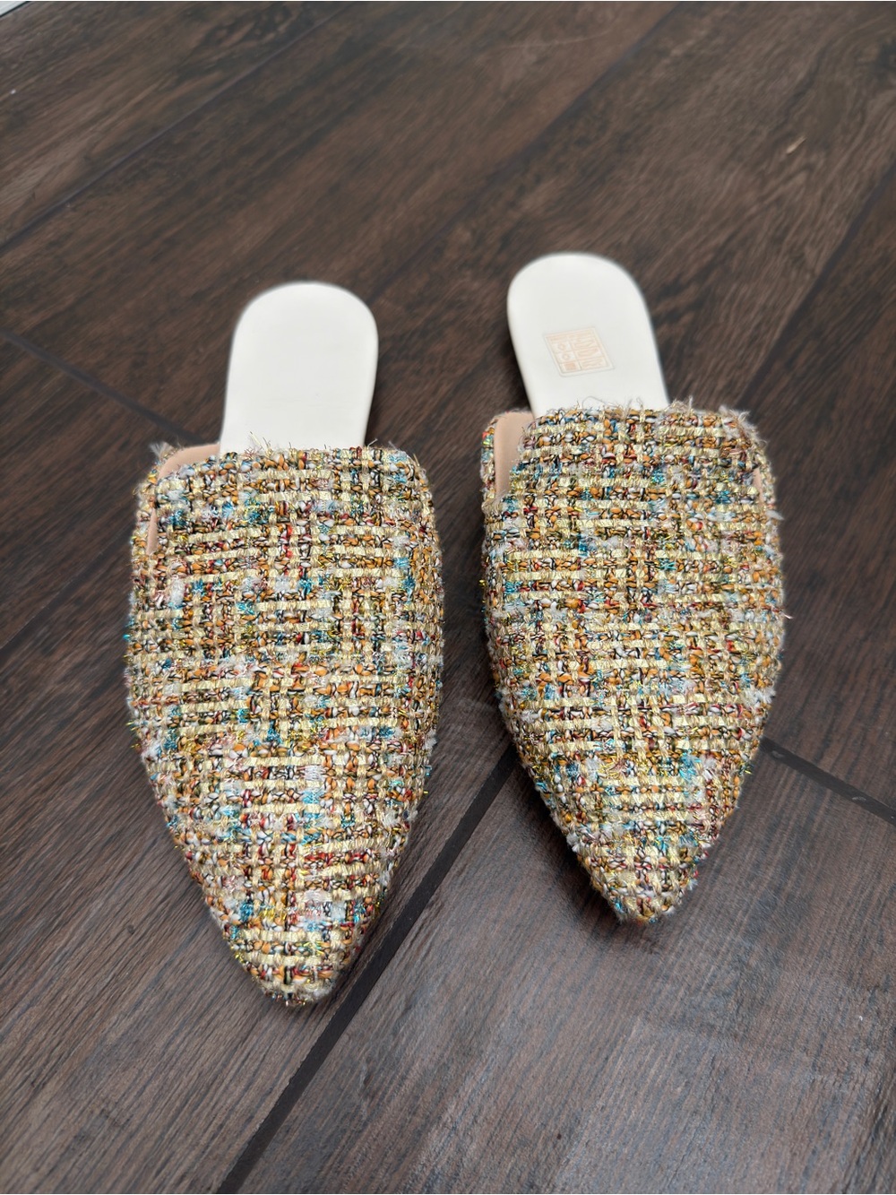 Pointed Tweed Slip-On Mules in Multi-Color